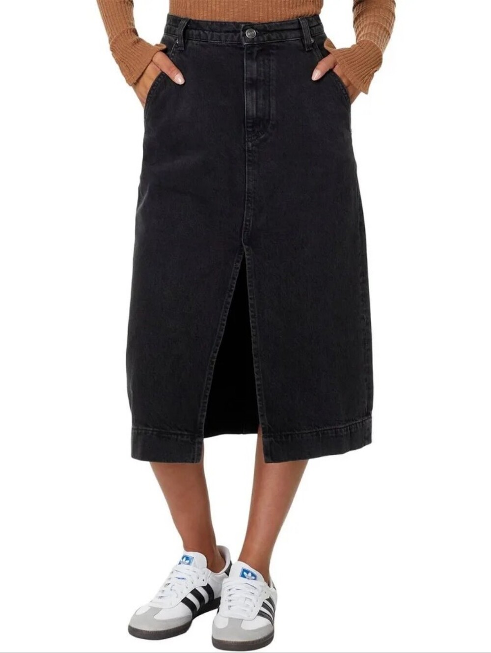 Free People We The Free Wild Roses black denim midi skirt
